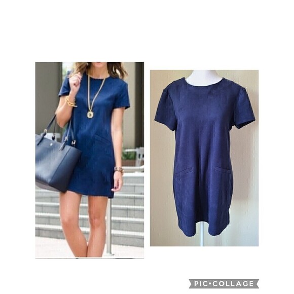 WAYF Micro Mini Suede Shift Dress Medium Navy Blue Faux Pockets - Picture 1 of 9